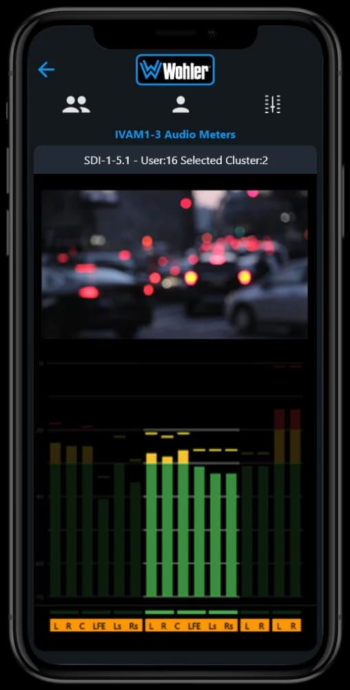 MAVRIC running on a phone: an iVAM1-3 audio meter view titled SDI-1-5.1, showing a live video thumbnail above sixteen channel meters in green, amber and red, labelled L, R, C, LFE, Ls and Rs.
