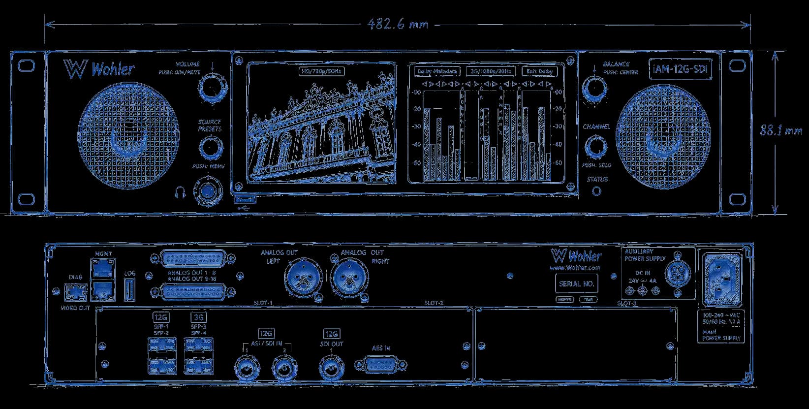 Drafted elevations of the Wohler iAM-12G-SDI. Front: a 1RU rack monitor with two speaker grilles, volume, source, balance and channel controls, a video display and an audio metering display, marked 482.6 mm wide and 88.1 mm high. Rear: management and diagnostic ports, analog outputs, SFP cages, ASI/SDI inputs, an SDI output, an AES input and the mains inlet.