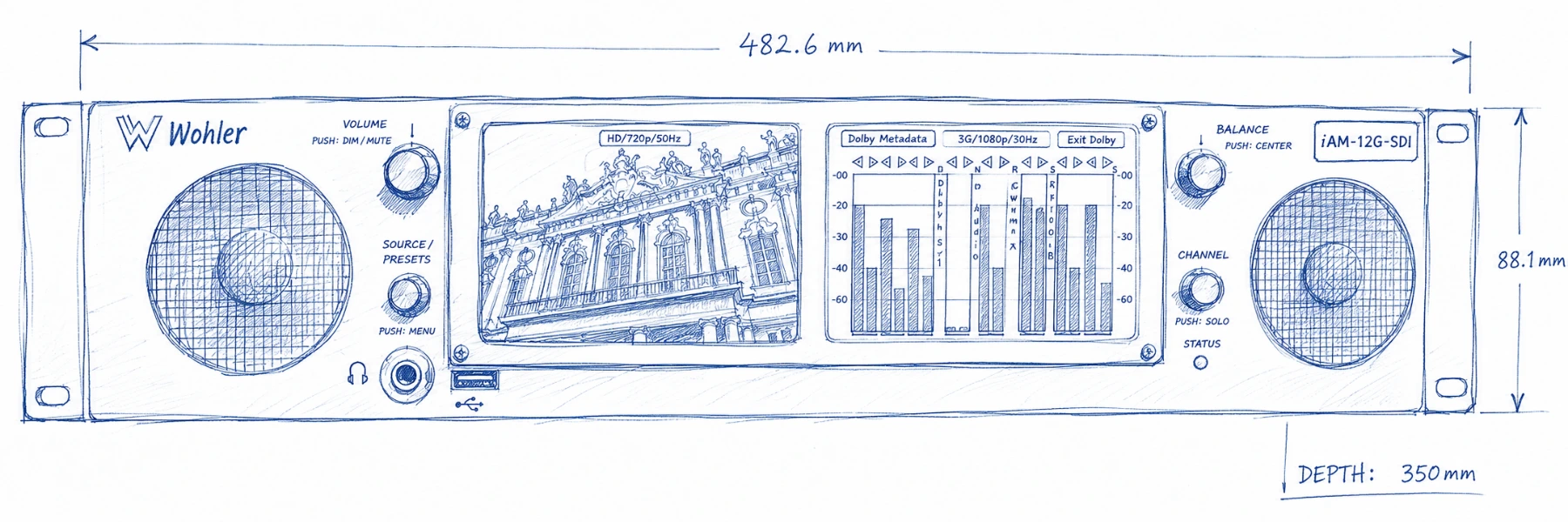 Drafted front elevation of the Wohler iAM-12G-SDI: a 1RU rack monitor with two speaker grilles, volume, source, balance and channel controls, a video display and an audio metering display. Marked 482.6 mm wide, 88.1 mm high, 350 mm deep.