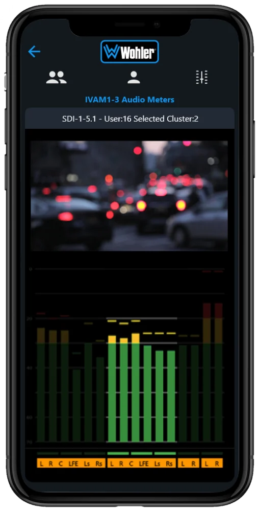 MAVRIC running on a phone: an iVAM1-3 audio meter view titled SDI-1-5.1, showing a live video thumbnail above sixteen channel meters in green, amber and red, labelled L, R, C, LFE, Ls and Rs.