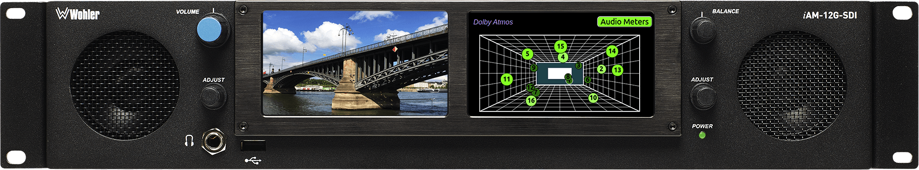 iAM-12G-SDI audio & video monitor with Dolby ATMOS Front Panel Atmos Rendering